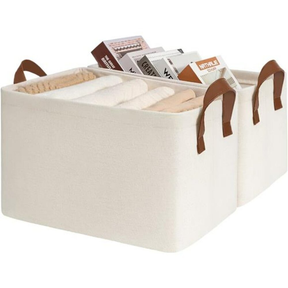 Set of 2 Large Beige Storage Bins with Handles for Closet Shelves Organizer